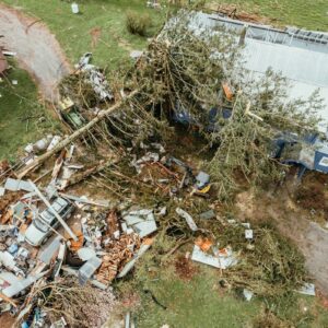 Aerial view of storm-damaged property used as an illustrative disaster-recovery image